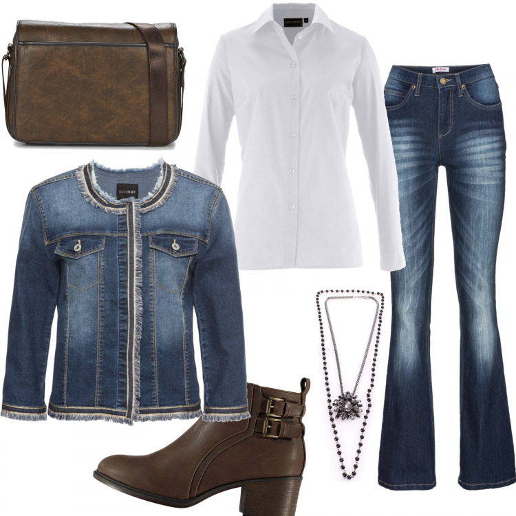 Outfit donna - Casual per la spesa. Stile Urban per Tutti i giorni. Abbinamento con blazer, camicie, jeans bootcut, collane, borsa a tracolla, stivaletti.