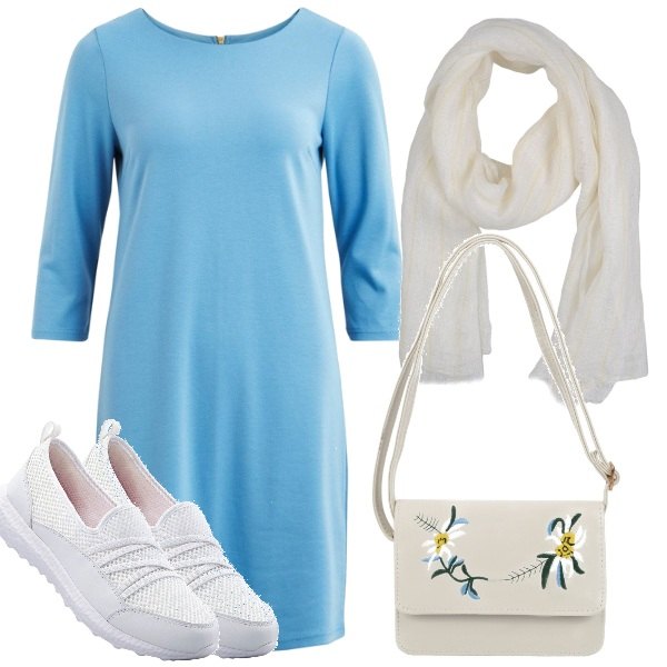 Outfit donna - Color del cielo. Stile Basic per Tutti i giorni. Abbinamento con sneakers, stola a righe in lino.