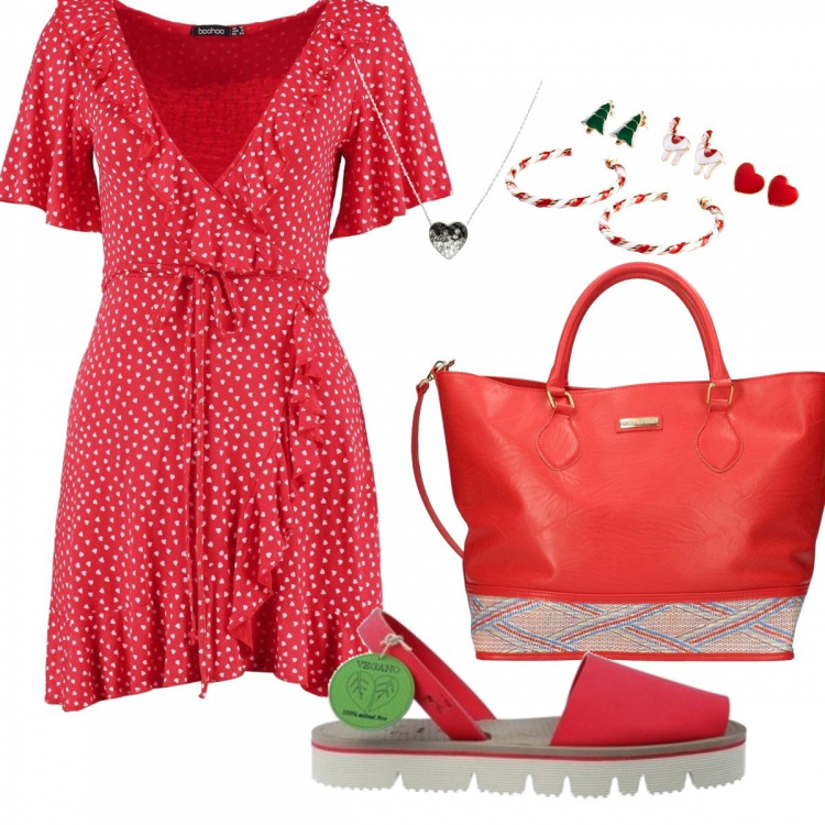 Outfit donna - Un po’ di rosso nelle giornate calde. Stile Trendy per Tutti i giorni. Abbinamento con costumi interi, collane, vestito, sandali, shopping bag.