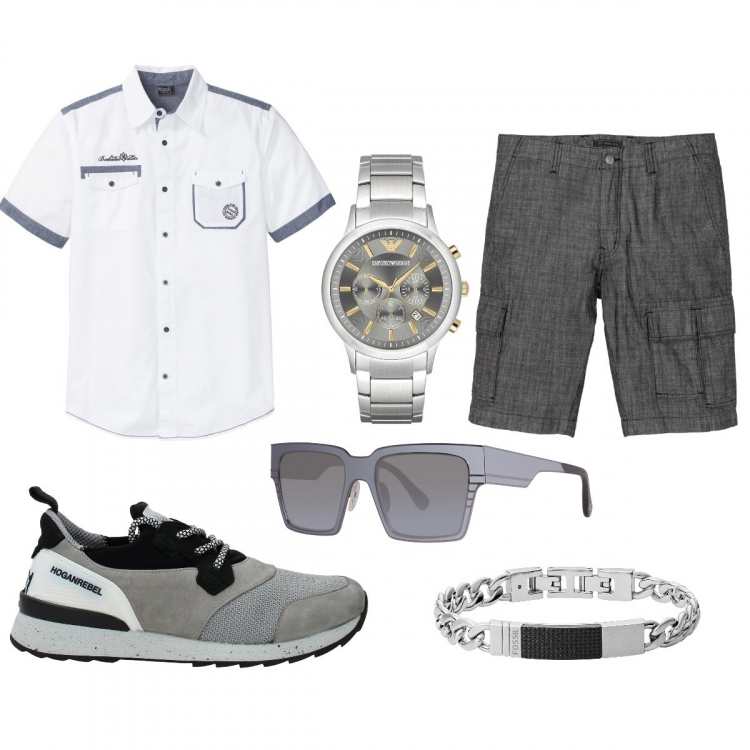 Outfit uomo - Bermuda grigie. Stile Casual per Tutti i giorni. Abbinamento con camicie a manica corta, bermuda, braccialetti, sneakers, occhiali da sole, orologio.