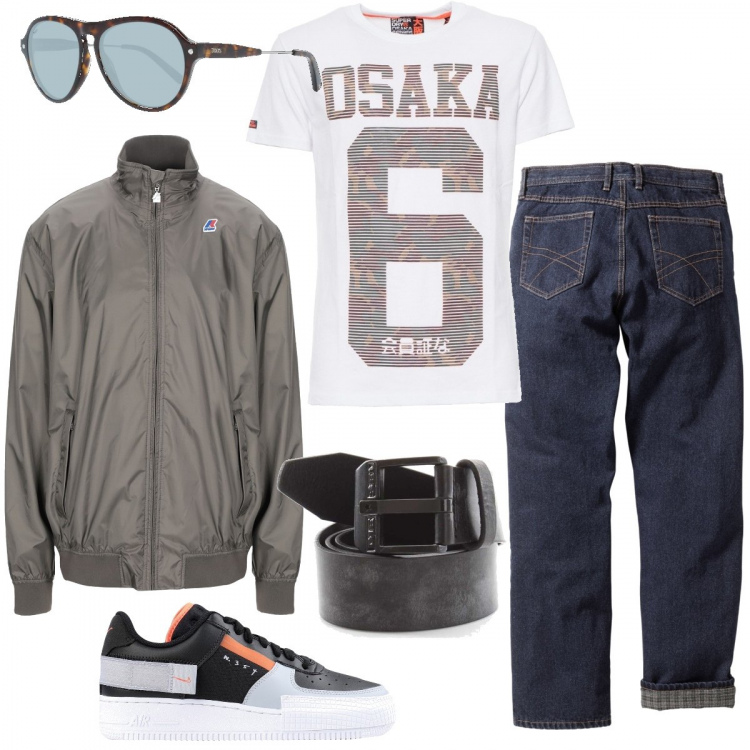 Outfit uomo - Urban fango. Stile Urban per Tutti i giorni. Abbinamento con jeans dritti, sneakers, bomber, cintura, occhiali da sole, t-shirt.