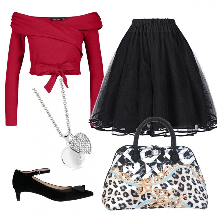 Outfit mujer - Noche retro. Estilo Trendy para Todos los días. look ideal para Petite. Combinación con minifaldas, collares, top pastello, bolsos de mano, salones.