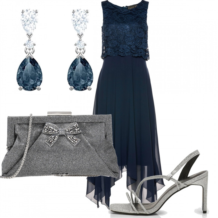 Outfit donna - Chic in blu. Stile Chic per Cerimonia. Abbinamento con vestiti midi/longuette, borse a mano, sandali col tacco, orecchini.