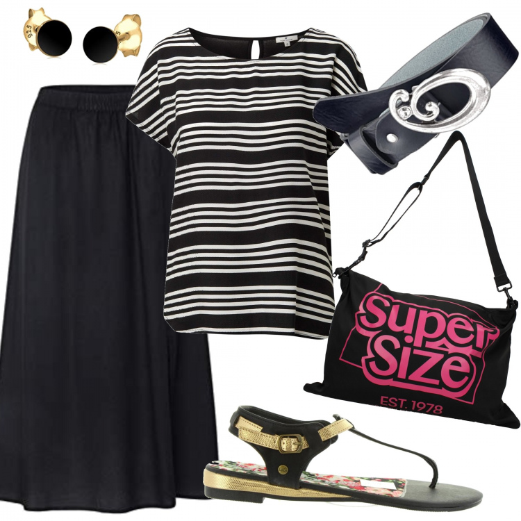 Outfit donna - Gonna lunga. Stile Basic per Tutti i giorni. Abbinamento con borse a spalla, gonne, blusa, infradito, cinture, orecchini.