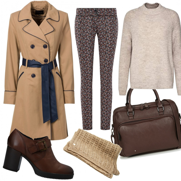 Outfit donna - Trench. Stile Bon Ton per Tutti i giorni. Abbinamento con trench, stivaletti, borsa, sciarpa, pantaloni, pullover.