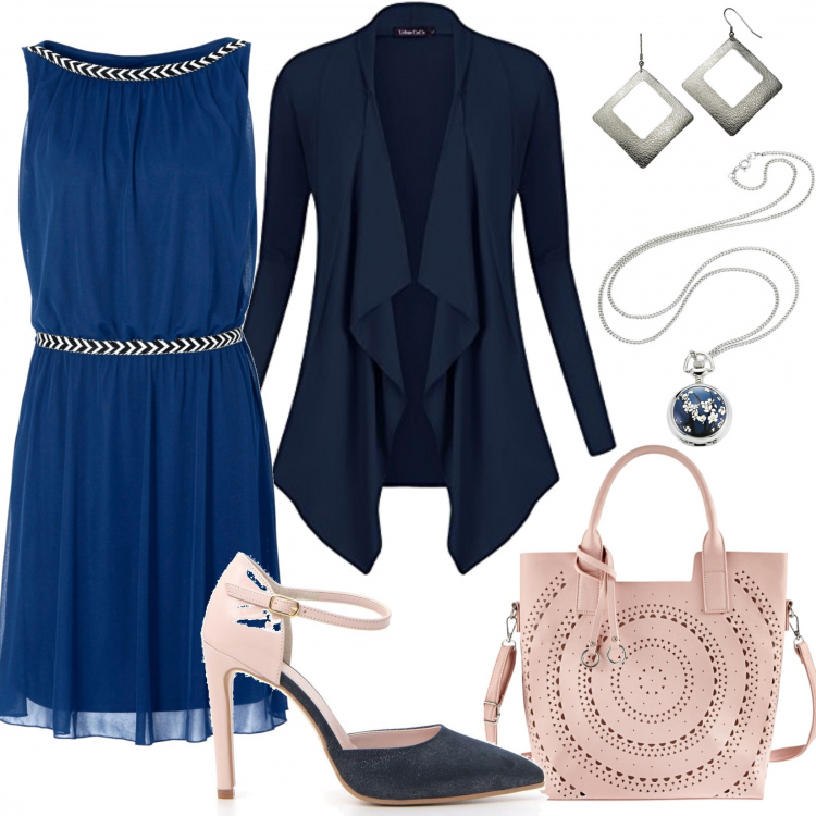 Outfit donna - Col mio amore. Stile Chic per Serata fuori. Abbinamento con vestito corto, borse a mano, collane, cardigan, décolleté, orecchini.
