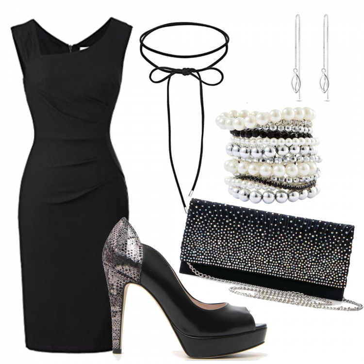 Outfit donna - Sensual. Stile Sexy per Serata fuori. Abbinamento con braccialetti, pochette, vestiti a tubino, décolleté, collane, orecchini.