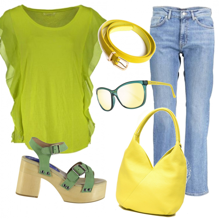 Outfit donna - Primavera. Stile Trendy per Tutti i giorni. Abbinamento con t-shirt, jeans, borsa, cinture, occhiali da sole, sandali.