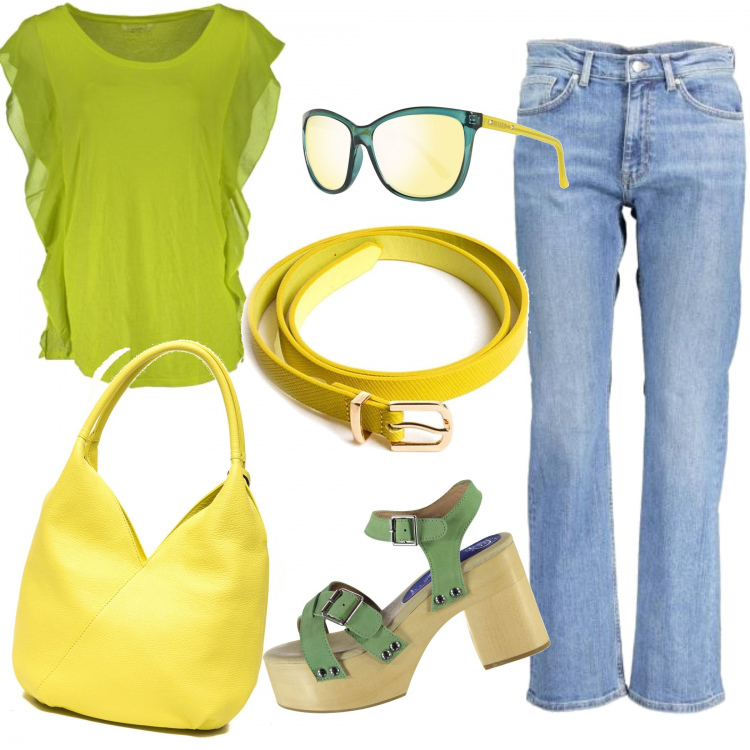 Outfit donna - Primavera. Stile Trendy per Serata fuori. Abbinamento con t-shirt, jeans, sandali, cinture, occhiali da sole, borsa.
