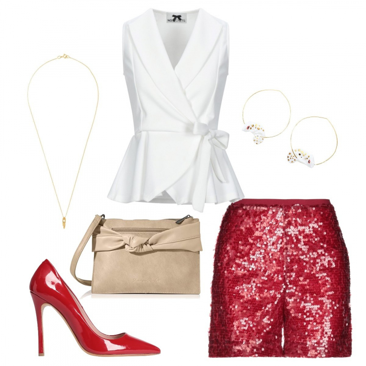 Outfit femme - Soirée disco !. Style Sexy pour Soirée dehors. Assortir avec short, tops et blouses, chaussures à talon, boucles d'oreilles, colliers et pendantifs, clutchs et pochettes.