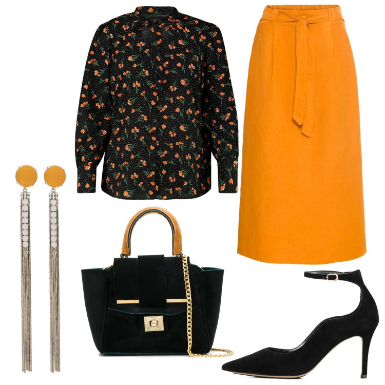 Outfit femme - Orange fleurie. Style Bon Ton pour Tous les jours. Assortir avec jupes, tops et blouses, boucles d'oreilles, sacs à main, chaussures à talons.