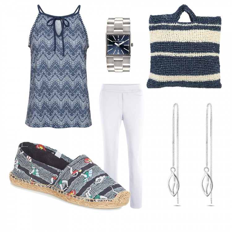 Outfit donna - Espadrillas. Stile Basic per Tutti i giorni. Abbinamento con borsa a mano, vestiti, cinture, espadrillas, orecchini, orologi.