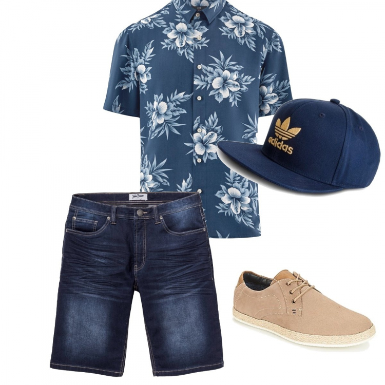Outfit uomo - Passeggiata lungo mare. Stile Casual per Tutti i giorni. Abbinamento con scarpe stringate, cappelli con visiera, camicia a maniche corte, shorts.
