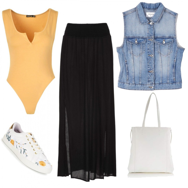 Outfit donna - Gonna lunga. Stile Urban per Tutti i giorni. Abbinamento con gonne lunghe, cappotti, corpo, sneakers, borse tote.