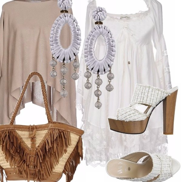 Outfit donna - Romantica in boho style.. Stile Etnico per Tutti i giorni. Abbinamento con orecchini contrasto in raso.