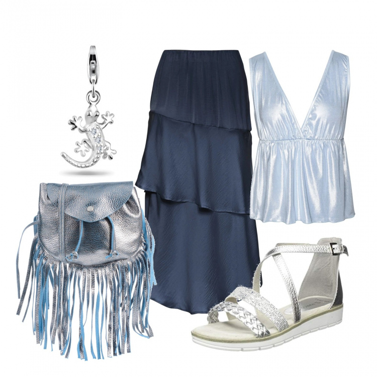Outfit donna - La borsa con le frange e il geco. Stile Trendy per Tutti i giorni. Abbinamento con top, borsa a tracolla, gonne longuette, sandali, ciondoli.
