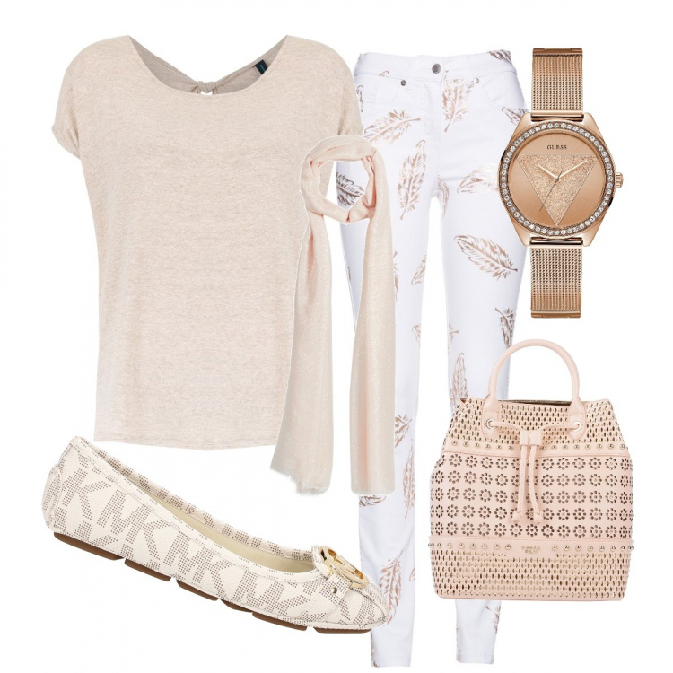 Outfit donna - Trendy #23786. Stile Trendy per Tutti i giorni. Abbinamento con jeans, orologi, borse a mano, ballerine, sciarpe, t-shirt.