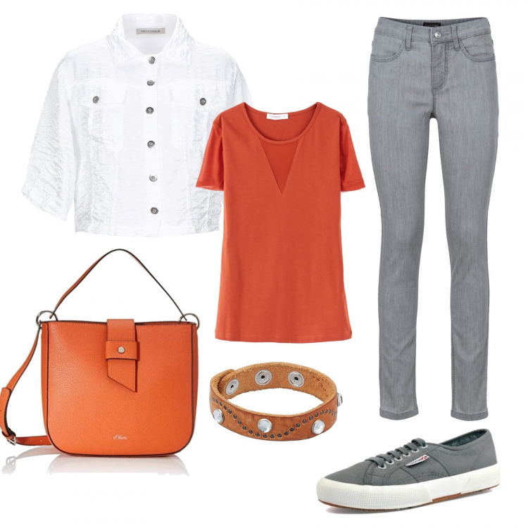 Outfit donna - Bianco, grigio e ...arancione. Stile Basic per Scuola/Università. Abbinamento con jeans skinny, giubbotto, t-shirt, sneakers, borse a spalla, braccialetti.