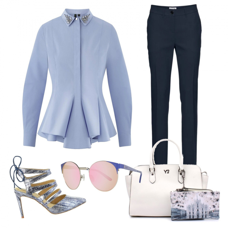 Outfit donna - Milano. Stile Bon Ton per Ufficio. Abbinamento con pantaloni, borsa a mano, camicie, sandali, occhiali da sole.