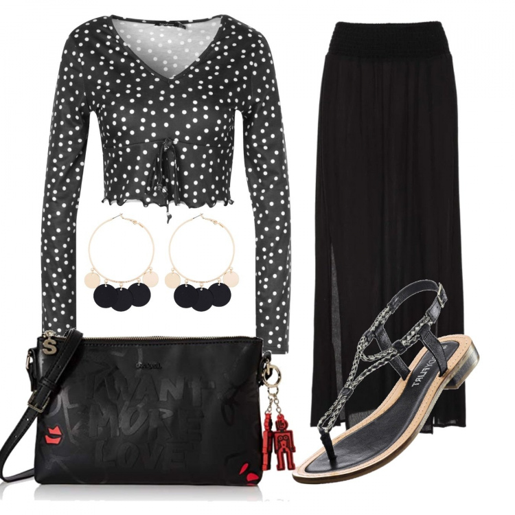 Outfit donna - Trendy #23805. Stile Trendy per Tutti i giorni. Abbinamento con gonne lunghe, infradito, orecchini, top, borse a tracolla.