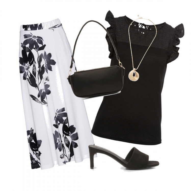 Outfit donna - Black & White. Stile Bon Ton per Serata fuori. Abbinamento con t-shirt, gonne, sneakers, pantofole, clutch.