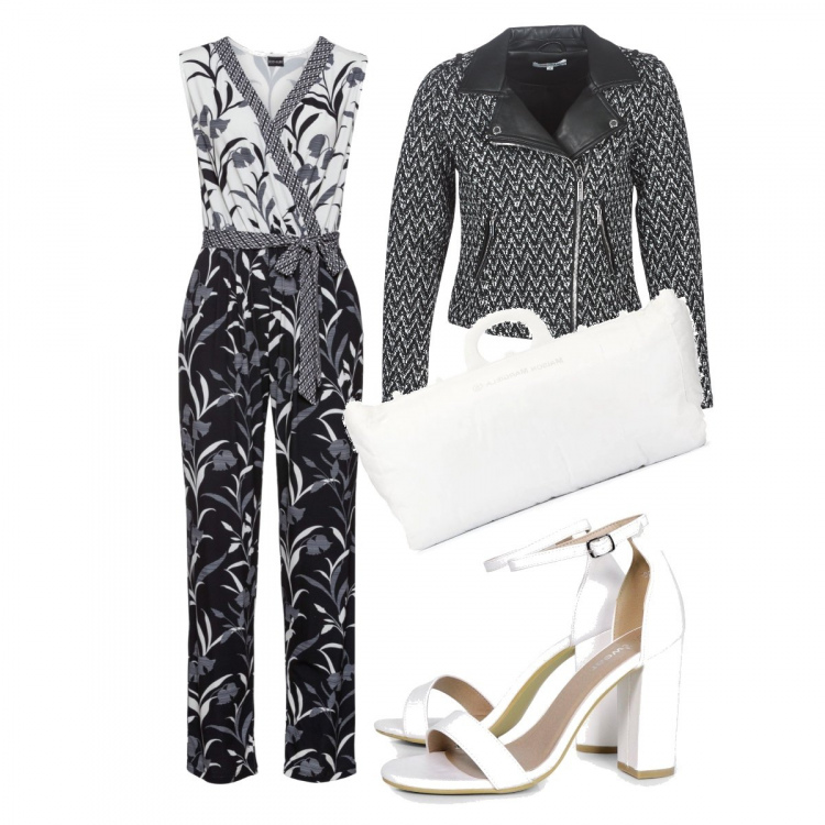 Outfit donna - Chic #12639. Stile Chic per Tutti i giorni. Abbinamento con tuta, scarpe col tacco, giubbotto, shopping bag.