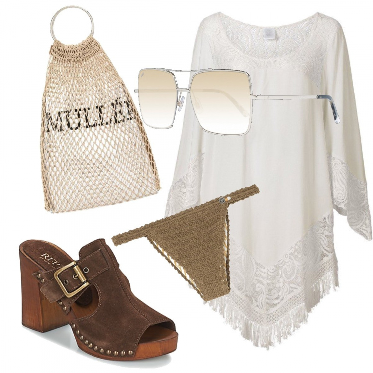 Outfit donna - Lo stile al mare. Stile Chic per Mare. look ideale per Tall. Abbinamento con vestiti da spiaggia, costumi, ciabatte, borse, occhiali da sole.