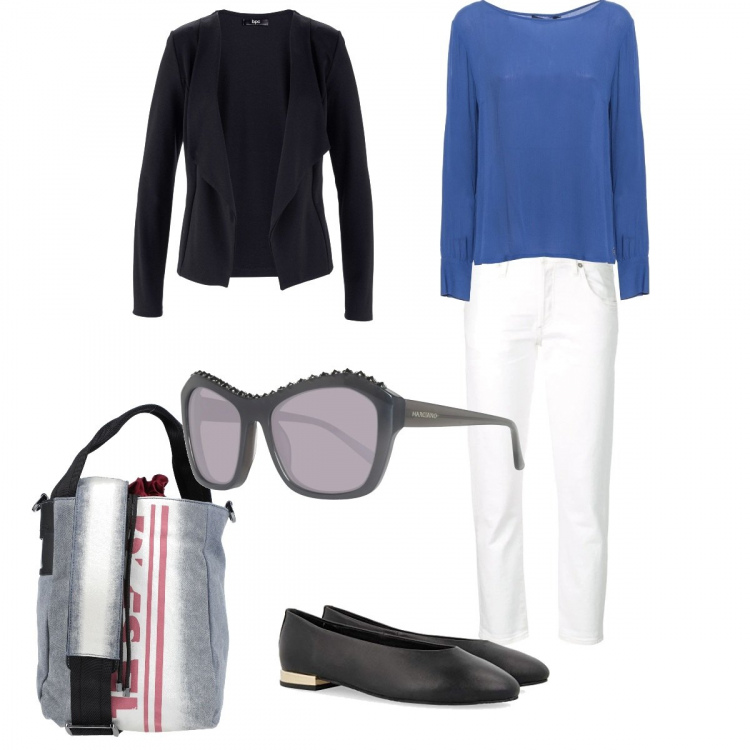 Outfit donna - Basic, per il mio tempo libero. Stile Basic per Tutti i giorni. Abbinamento con blazer, borsa a mano con manico fantasia multicolore taglia media con coulisse interno foderato in pelle sintetica con tracolla removibile, pantaloni skinny, camicia, ballerine, occhiali da sole.