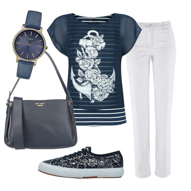 Outfit donna - Ancora, rose e righe. Stile Basic per Ufficio. Abbinamento con pantaloni, sneakers, borsa a spalla, camicia, orologi analogici.