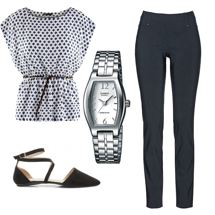 Outfit donna - Office style. Stile Bon Ton per Ufficio. Abbinamento con pantaloni, ballerine, camicia, orologi analogici.