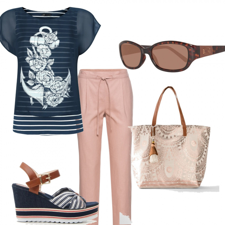 Outfit donna - Blu&pink. Stile Urban per Tutti i giorni. look ideale per Petite. Abbinamento con pantaloni, shopping bag, camicia, sandali, occhiali da sole.