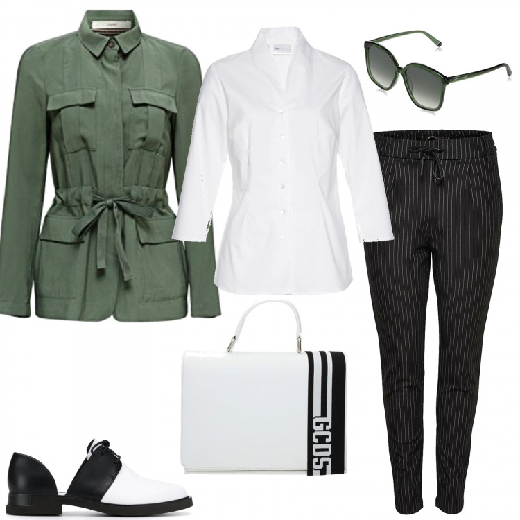Outfit donna - MilitaryOrder. Stile Trendy per Ufficio. Abbinamento con camicie, borsa a mano, pantaloni chino, mocassini, blazer, occhiali da sole.