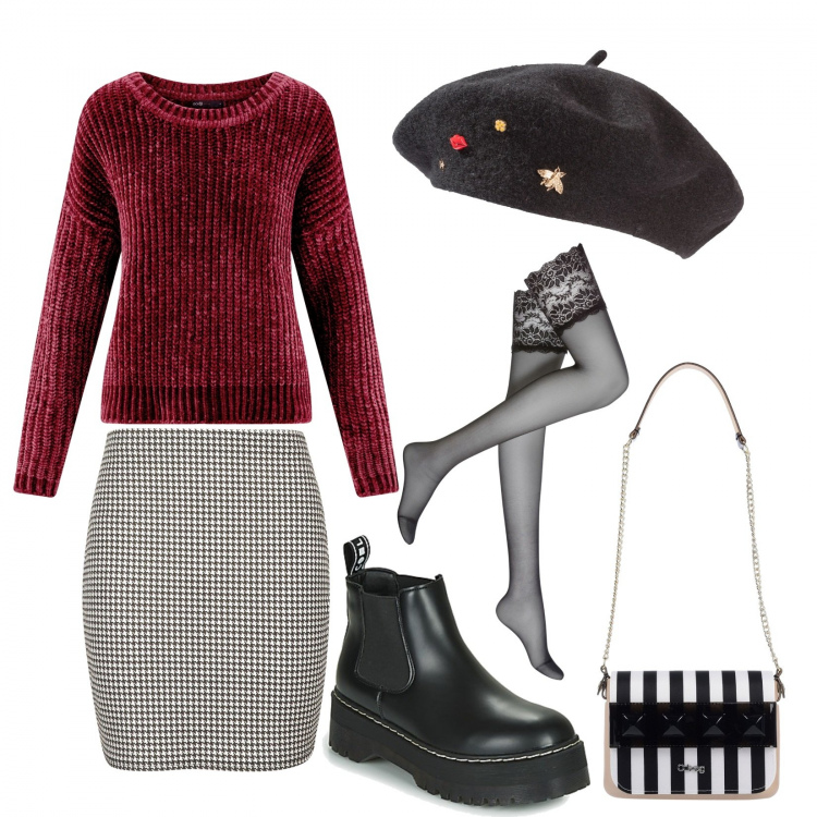 Outfit donna - Il basco. Stile Urban per Tutti i giorni. Abbinamento con cappelli e berretti, calzini, borse a spalla, gonna longuette maxi con orlo nero, stivaletti, maglioni.