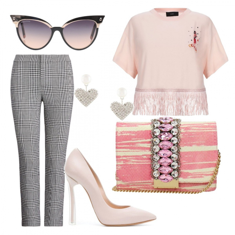 Outfit donna - Bohemian Rapsody. Stile Trendy per Ufficio. Abbinamento con occhiali da sole, t-shirt, pantaloni, pochette, décolleté, orecchini.