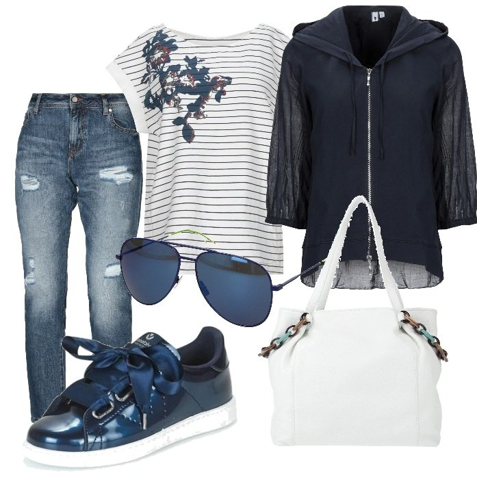 Outfit donna - Basic #14958. Stile Basic per Tutti i giorni. Abbinamento con felpa con cappuccio, t-shirt, borse a mano, jeans strappati, occhiali da sole, sneakers.