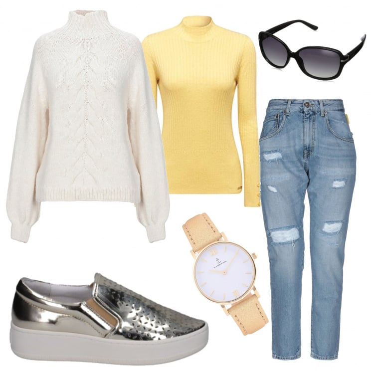 Outfit mujer - Casual Blanco y Amarillo. Estilo Chic para Todos los días. Combinación con jerséis, gafas de sol, slip oro, vaqueros, maglioncino, reloj.