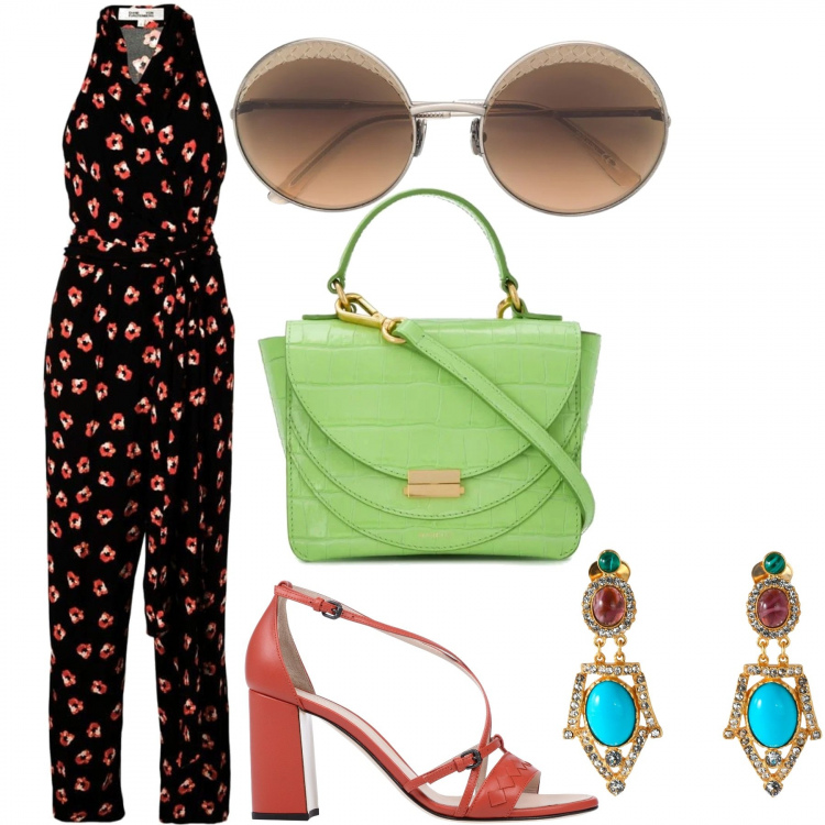 Outfit donna - Jumpsuit e colore. Stile Etnico per Ufficio. Abbinamento con orecchini, sandali col tacco, tuta con nodi fantasia floreale con scollo senza maniche nero, borse tote, occhiali da sole.