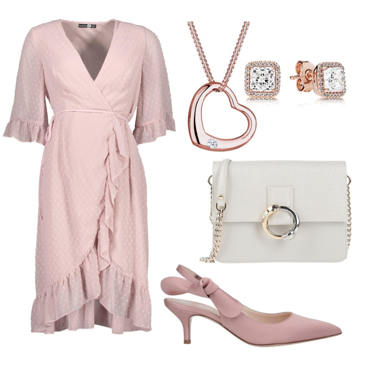 Outfit donna - Basic #14964. Stile Basic per Serata fuori. Abbinamento con borse a spalla, décolleté, vestito longuette/midi, ciondoli, orecchini.