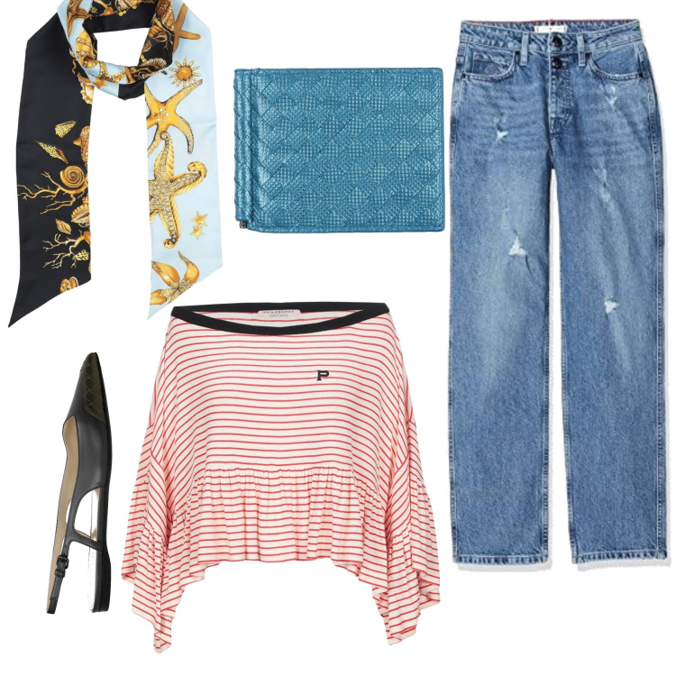 Outfit donna - Mom jeans. Stile Trendy per Tutti i giorni. Abbinamento con pullovers, portafogli, scaldacollo, sandali, jeans dritti.