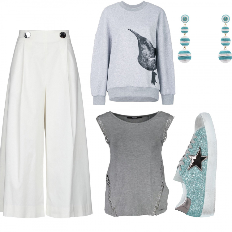 Outfit donna - Felpa + tshirt. Stile Trendy per Tutti i giorni. Abbinamento con pantaloni, orecchini, sneakers, maglieria, canottiera.