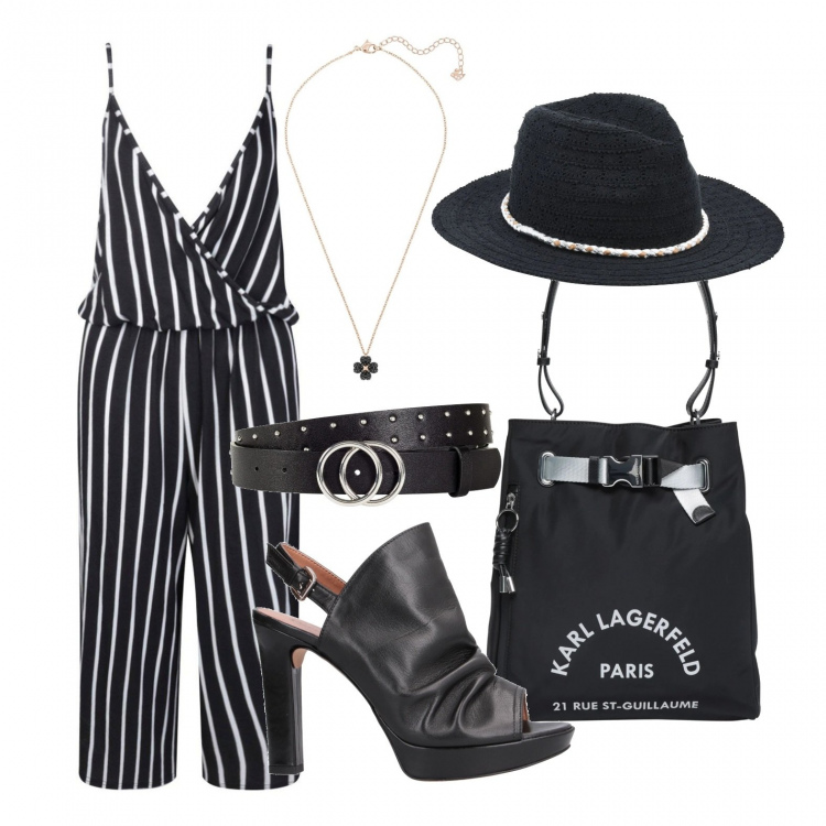 Outfit donna - Jumpsuit a righe. Stile Trendy per Tutti i giorni. Abbinamento con cinture, sandali con tacco, borsa a mano, cappelli, tuta corta, ciondoli.