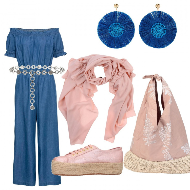 Outfit donna - La jumpsuit di jeans. Stile Trendy per Tutti i giorni. Abbinamento con tute, cinture, borse a spalla, sneakers, stole, orecchini.