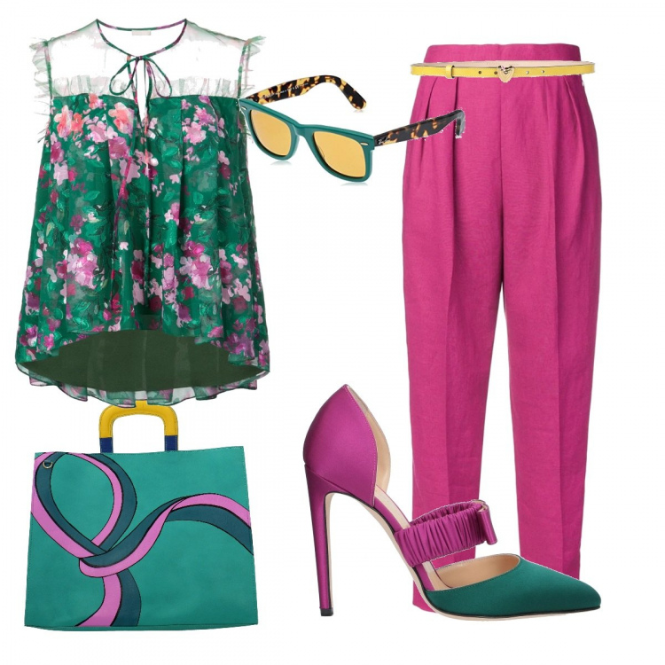 Outfit donna - Bon Ton #11086. Stile Bon Ton per Ufficio. Abbinamento con décolleté, cinture, borsa a mano, blusa fantasia floreale plissè a maniche corte, pantalone lungo, occhiali da sole.
