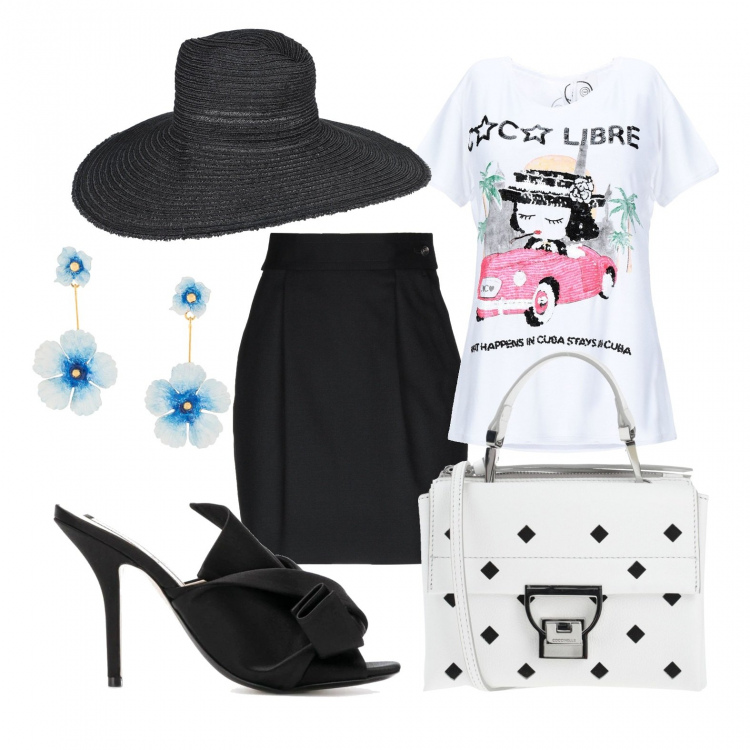 Outfit donna - W la mamma. Stile Chic per Tutti i giorni. Abbinamento con minigonna, t-shirt, borse a mano, cappelli, sandali con tacco, orecchini.