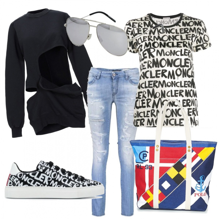 Outfit donna - Felpa mon amour. Stile Urban per Tutti i giorni. Abbinamento con felpa, occhiali da sole, borsa tote, t-shirt, sneakers con stampa e punta tonda bianco, jeans.