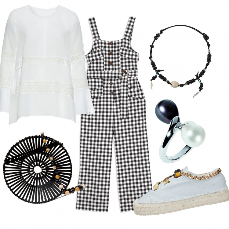 Outfit femme - Belle en Salopette. Style Tendance pour Tous les jours. Assortir avec tuniques, combinaisons, sneakers, sacs en bandoulière, bagues, colliers et pendantifs.