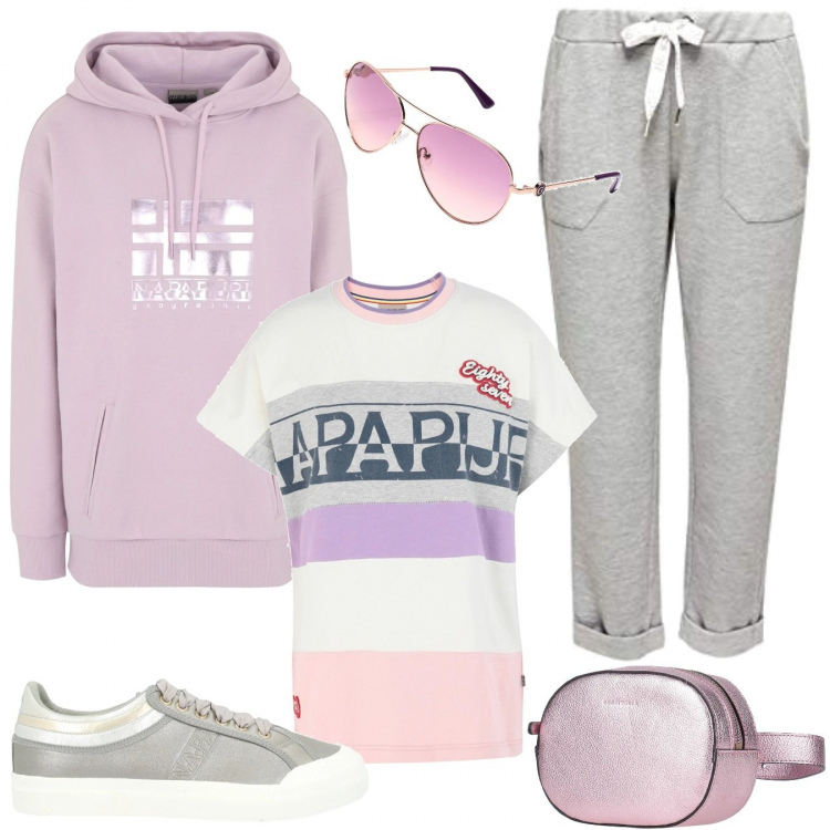 Outfit donna - Twin-set felpa + t-shirt. Stile Basic per Sport. Abbinamento con t-shirt, felpa con cappuccio, zaini, occhiali da sole, sneakers, pantalone lungo.