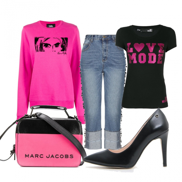 Outfit donna - Felpa e t-shirt. Stile Trendy per Tutti i giorni. Abbinamento con jeans, felpa, t-shirt, borse tote, décolleté.