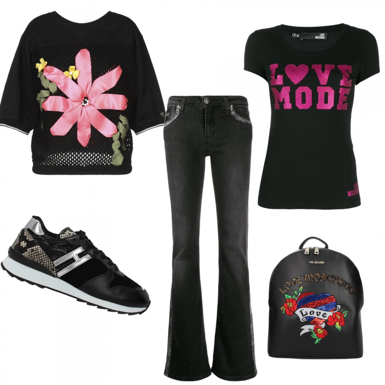 Outfit donna - Felpa + t-shirt. Stile Basic per Tutti i giorni. Abbinamento con felpe, sneakers, zaini, jeans, t-shirt.