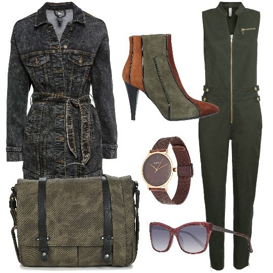 Outfit donna - Verde militare. Stile Urban per Tutti i giorni. Abbinamento con tute, giacca, stivaletti, borsa a tracolla, occhiali da sole, orologi.